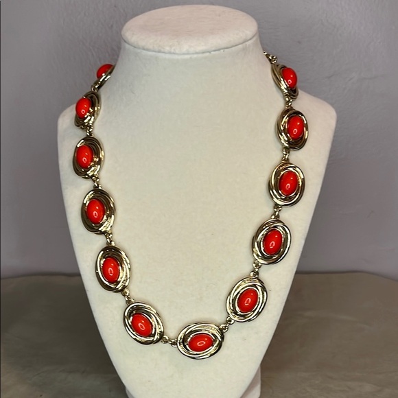 Talbots Orange enamel stones gold tone statement necklace. - Picture 1 of 4